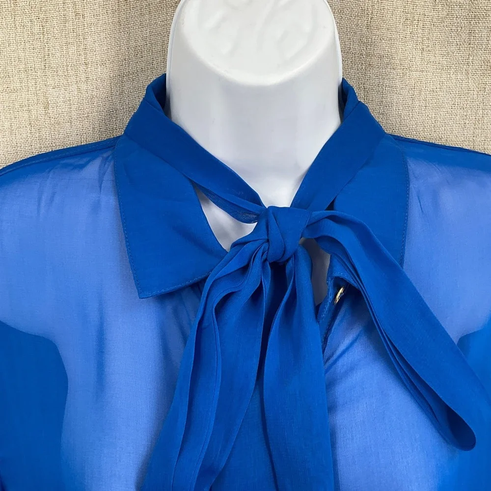 Trina Turk Swim Cover Up Dress Womens Small Blue Sheer Tie Neck Luxury NEW